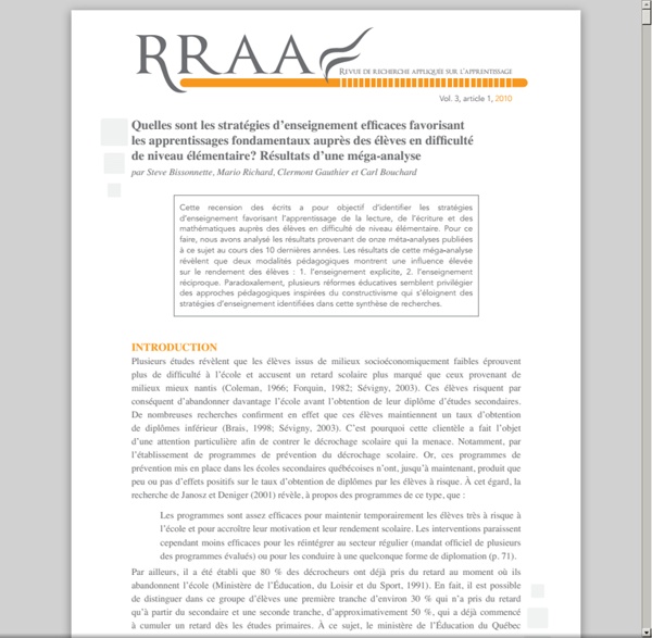 Quelles sont les stratégies d’enseignement effi caces favorisant les apprentissages fondamentaux auprès des élèves en difficulté de niveau élémentaire? Résultats d’une méga-analyse - Jarl-Vol3Article1.pdf