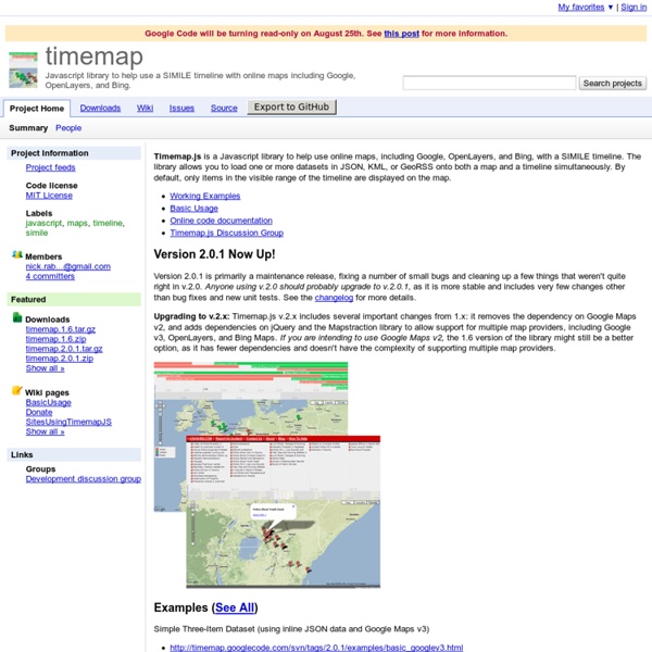 Timemap - Javascript library to help use a SIMILE timeline with online maps including Google, OpenLayers, and Bing.
