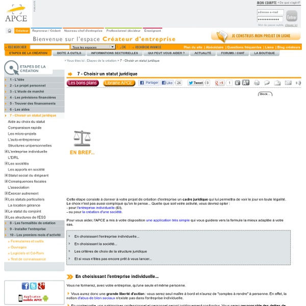 7 - Choisir un statut juridique - APCE, agence pour la création d'entreprises, création d'entreprise, créer sa société,l'auto-entrepreneur, autoentrepreneur, auto-entrepreneur, auto entrepreneur, lautoentrepreneur, reprendre une entreprise, aides à la cr