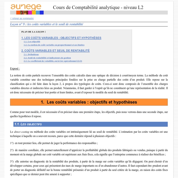 Leçon n°9 : les coûts variables et le seuil de rentabilité