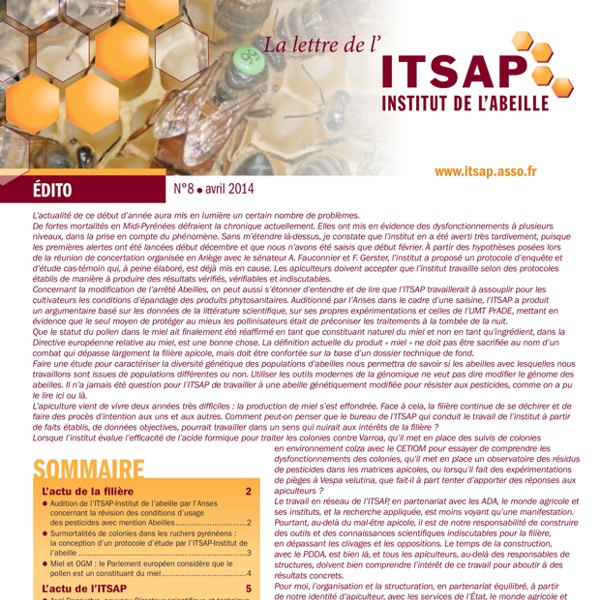 ITSAP - AVRIL 2014 - Lettre de l'ITSAP. Au sommaire: Résultats des essais coordonnés d’huiles essentielles en 2011 et 2012