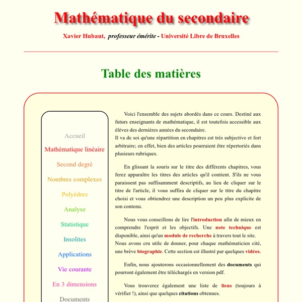 Table des matières - Mathématique du secondaire - X.Hubaut ULB