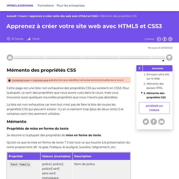 OpenClassrooms - Mémento des propriétés CSS