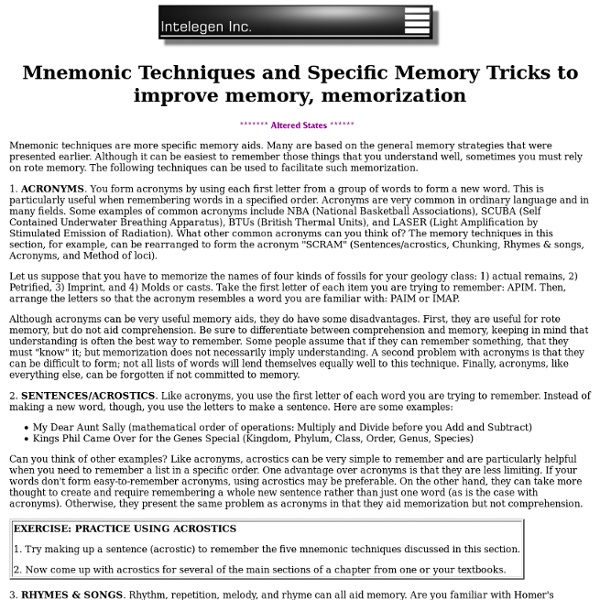 MNEMONIC TECHNIQUES AND SPECIFIC MEMORY Tricks to improve memory, memorization memorization memorize method memorizing creative memory technique virtual memory memory loss human memory  book  game  management  improvement photographic  long term memory me