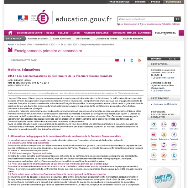 Education nationale : projets pour le centenaire