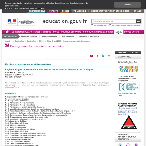 Le règlement type départemental des écoles maternelle et élémentaire - BO n°28 du 10 juillet 2014