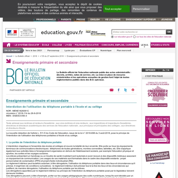 Circulaire règlementation usage portable école-collège - MENE1826081C -26/09/2018
