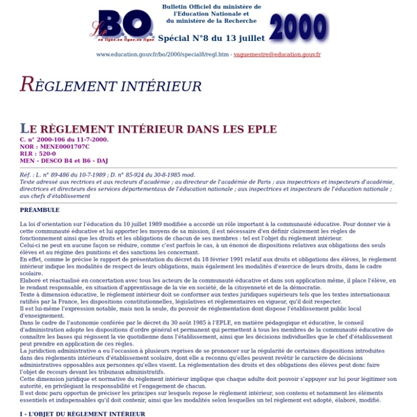 Ministère de l'Education : Bulletin Officiel de l'Education Nationale BO Spécial N°8 du 13 juillet 2000 - Le réglement intérieur