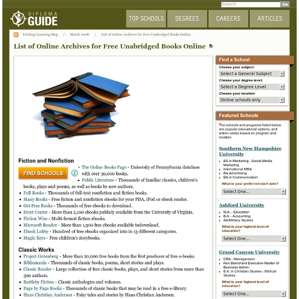 List of Online Archives for Free Unabridged Books Online