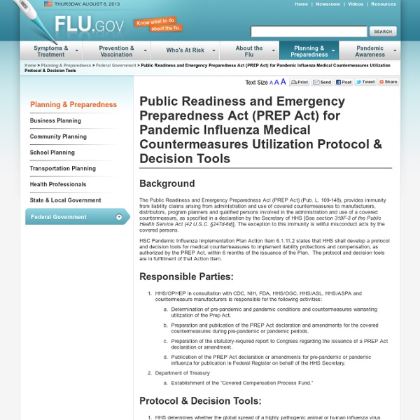 Public Readiness and Emergency Preparedness Act (PREP Act) for Pandemic Influenza Medical Countermeasures Utilization Protocol & Decision Tools