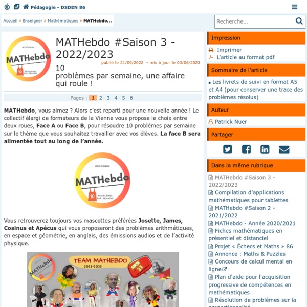 MATHebdo #Saison 3 - 2022/2023 - Pédagogie - Direction des services départementaux de l'éducation nationale de la Vienne - Pédagogie - Académie de Poitiers