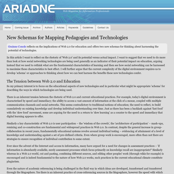 New Schemas for Mapping Pedagogies and Technologies', Ariadne Issue 56