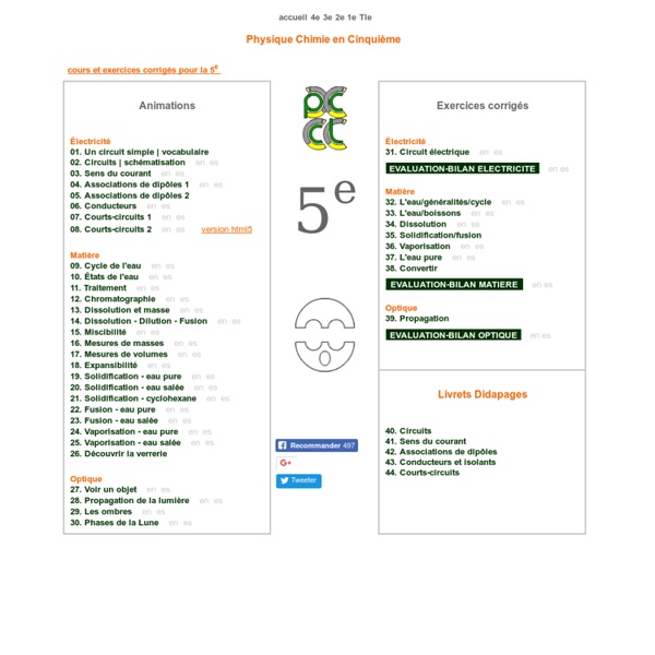 PCCL - Physique Chimie pour la cinquieme - 5e - 5eme - Soutien scolaire aux cours en animations pédagogiques flash interactives et exercices corrigés pour EPI