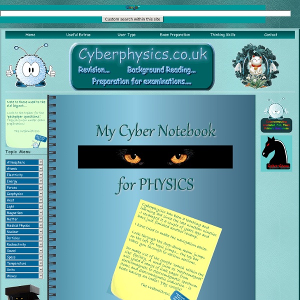 Cyberphysics - a physics revision aide for students at KS3 (SATs), KS4 (GCSE) and KS5 (A and AS level). Help with GCSE Physics, AQA syllabus A AS Level and A2 Level physics. It is written and maintained by a fully qualified British Physics Teacher. Topics