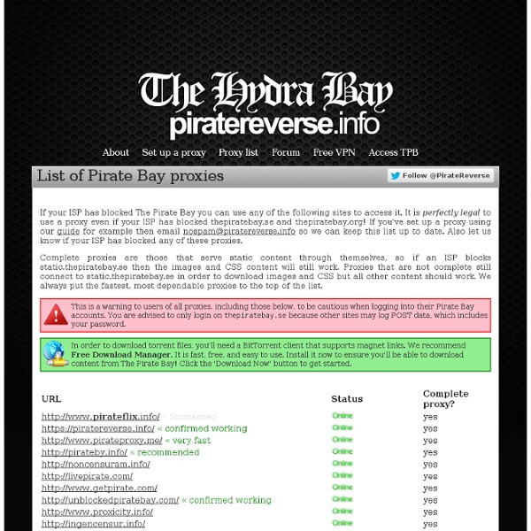 List of Pirate Bay proxies - PirateReverse.info