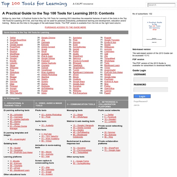A Practical Guide to the Top 100 Tools for Learning 2013: Contents