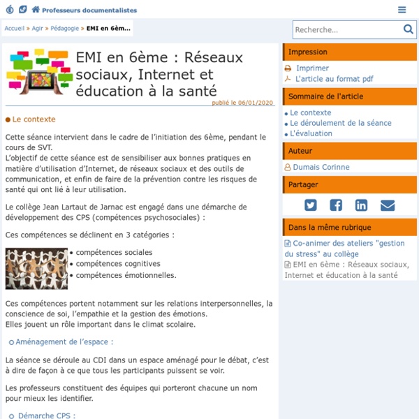EMI en 6ème : Réseaux sociaux, Internet et éducation à la santé - Doc'Poitiers - Le site des professeurs documentalistes
