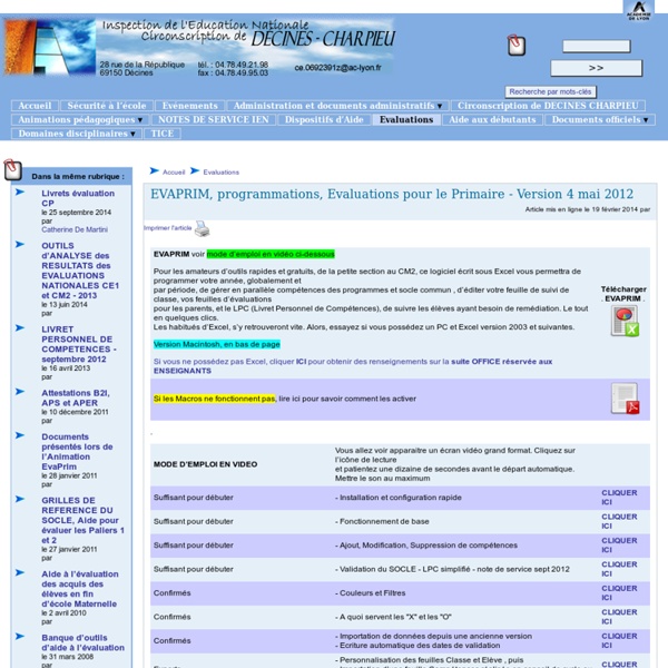 EVAPRIM, programmations, Evaluations pour le Primaire - Version 13 déc 2011 - [Circonscription de Décines]