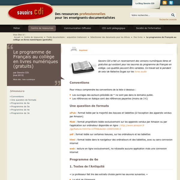 Le programme de Français au collège en livres numériques (gratuits)