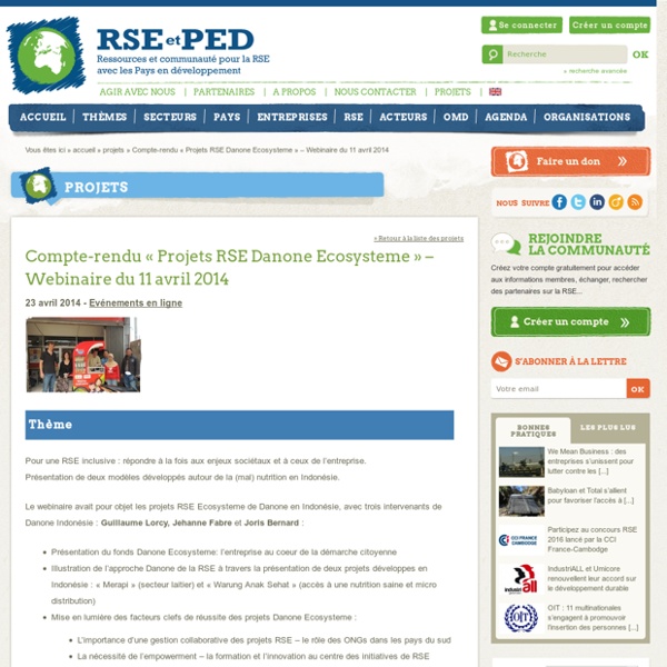 Compte-rendu « Projets RSE Danone Ecosysteme » – Webinaire du 11 avril 2014 - RSE et PED