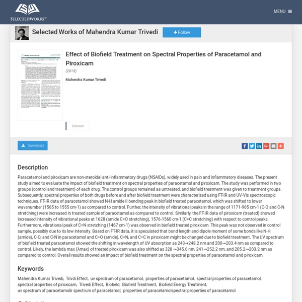 "Effect of Biofield Treatment on Spectral Properties of Paracetamol and" by Mahendra Kumar Trivedi