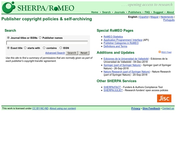 SHERPA/RoMEO - Publisher copyright policies & self-archiving