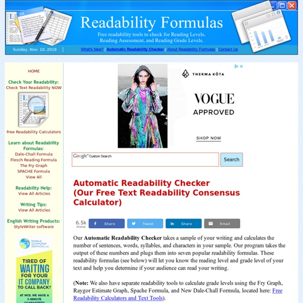 AUTOMATIC READABILITY CHECKER, a Free Readability Formula Consensus Calculator