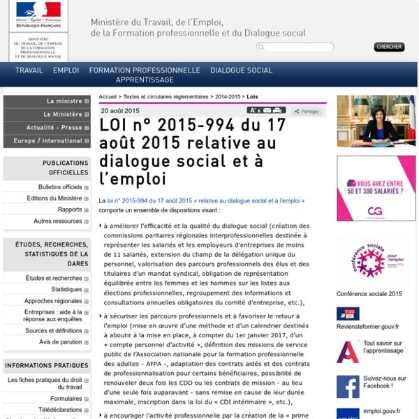 LOI n° 2015-994 du 17 août 2015 relative au dialogue social et à l'emploi
