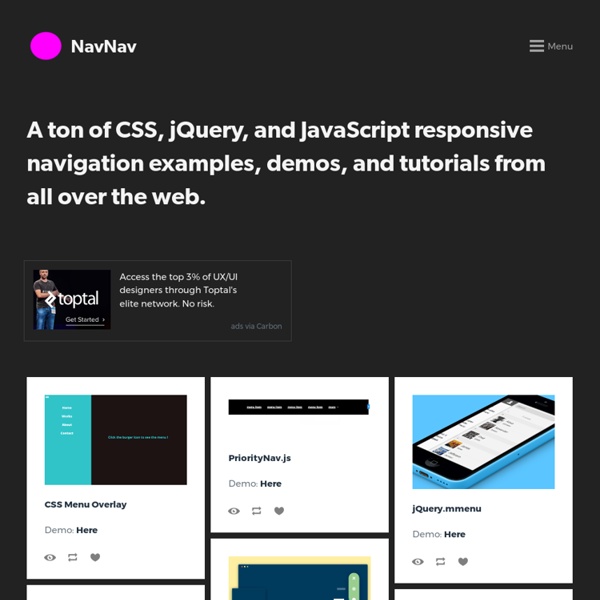 NavNav - 90+ Responsive Navigation Bar Menu Tutorials, Examples, and Demos (CSS, jQuery, JavaScript)