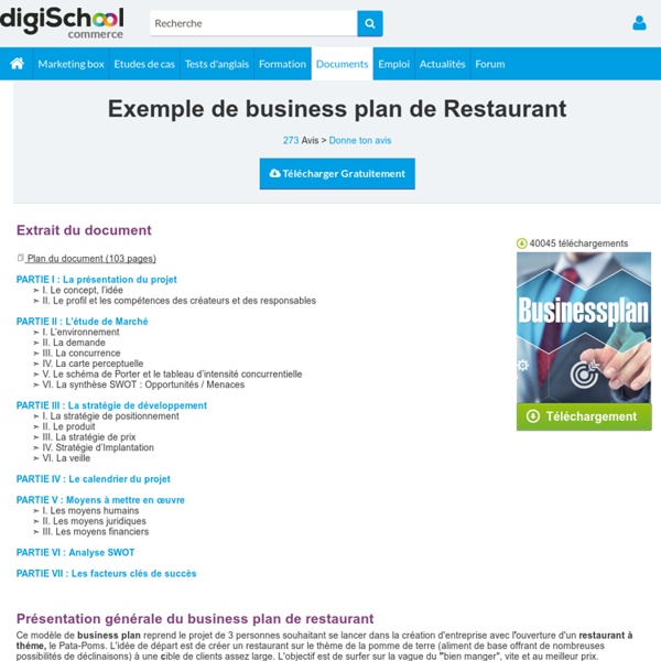 Business plan : Exemple de business plan de Restaurant, mémoire à télécharger gratuitement