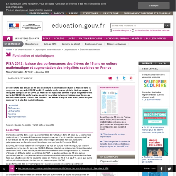 PISA 2012 : baisse des performances des élèves de 15 ans en culture mathématique et augmentation des inégalités scolaires en France