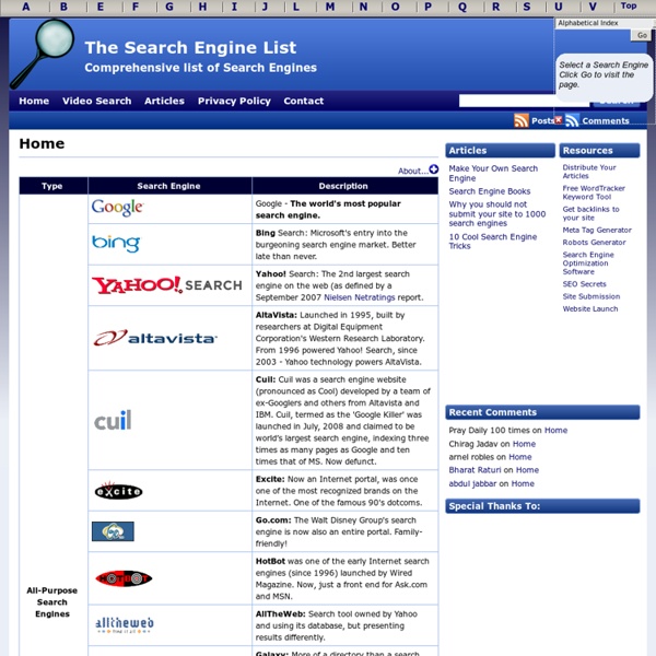 Comprehensive list of Search Engines - The Search Engine List