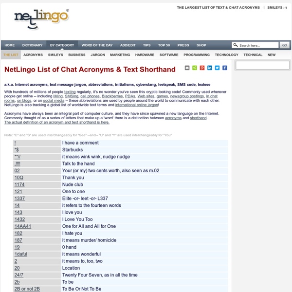 The Largest List of Chat Acronyms and Text Message Shorthand (IM, SMS) found of the Web - updated daily by NetLingo The Internet Dictionary: Online Dictionary of Internet Terms, Acronyms, Text Messaging, Smileys ;-)