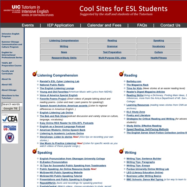 Cool Sites for ESL Students Links to practice English grammar, listening, speaking, reading, writing and more!