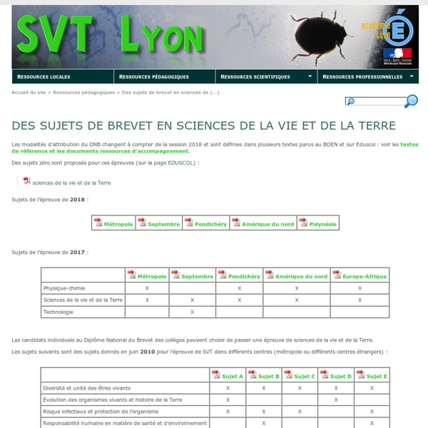 Des sujets de brevet en sciences de la vie et de la Terre - SVT Lyon