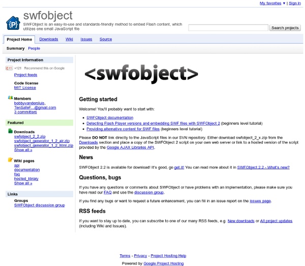 Swfobject - SWFObject is an easy-to-use and standards-friendly method to embed Flash content, which utilizes one small JavaScript file