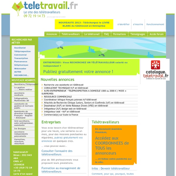 TELETRAVAIL: Télétravail - Travail à domicile - indépendant - salarié - Offre de Missions, d'emplois - Annuaire - Homeshoring