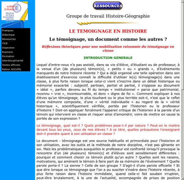 LE TEMOIGNAGE EN HISTOIRE - INTRODUCTION