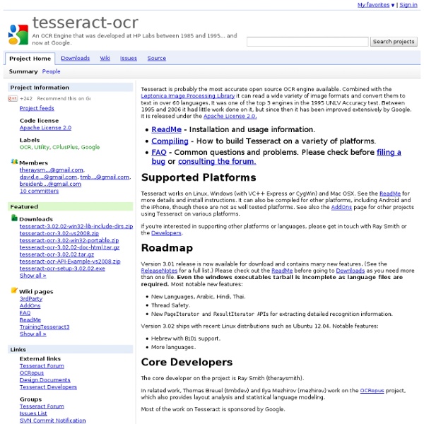 Tesseract-ocr - An OCR Engine that was developed at HP Labs between 1985 and 1995... and now at Google.