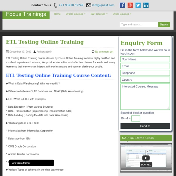 ETL Testing Online Training Classes from India