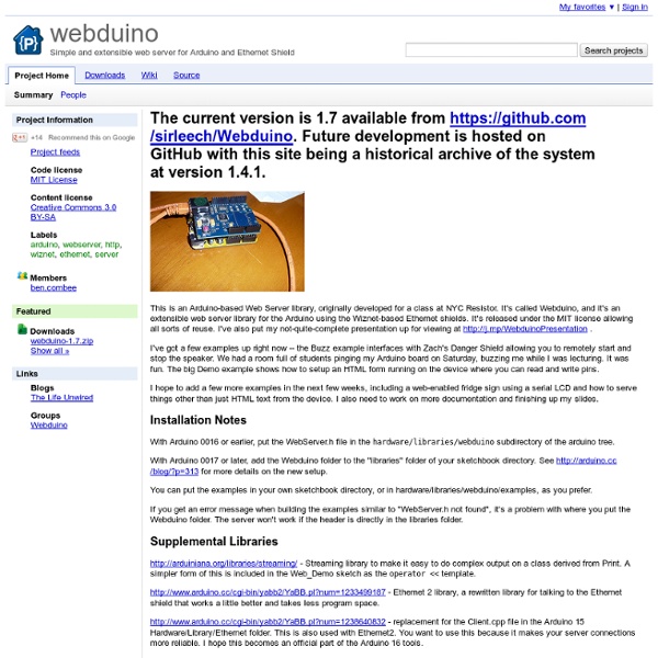 Webduino - Simple and extensible web server for Arduino and Ethernet Shield - Google Project Hosting - Nightly