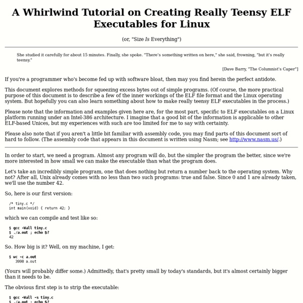 A Whirlwind Tutorial on Creating Really Teensy ELF Executables for Linux