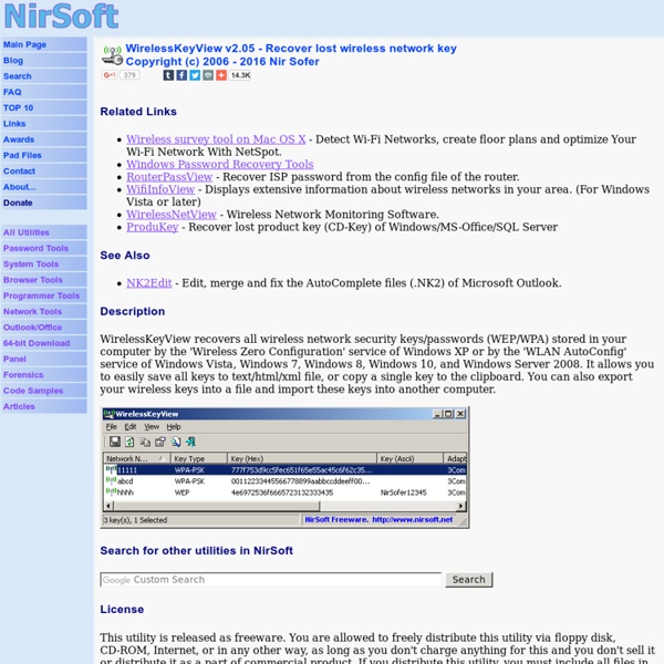 WirelessKeyView: Recover lost WEP/WPA key/password stored by Wireless ...