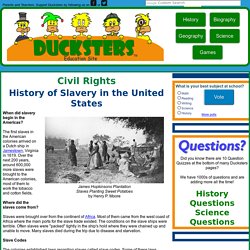 Civil Rights for Kids: History of Slavery in the United States including slave codes, abolitionism, free states vs. slave states, the Underground Railroad, Emancipation Proclamation, and the 13th amendment.