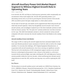 Aircraft Auxiliary Power Unit Market Report Segment to Witness Highest Growth Rate in Upcoming Years – Telegraph