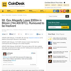 Mt. Gox Allegedly Loses $350m in Bitcoin (744,400 BTC), Rumoured to be Insolvent
