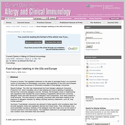 Food allergen labeling in the USA and Europe : Current Opinion in Allergy and Clinical Immunology