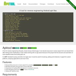 Apktool - A tool for reverse engineering 3rd party, closed, binary Android apps.