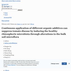 Plant and Soil February 2018, Volume 423, Continuous application of different organic additives can suppress tomato disease by inducing the healthy rhizospheric microbiota through alterations to the bulk soil microflora