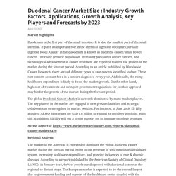 Duodenal Cancer Market Size : Industry Growth Factors, Applications, Growth Analysis, Key Players and Forecasts by 2023 – Telegraph